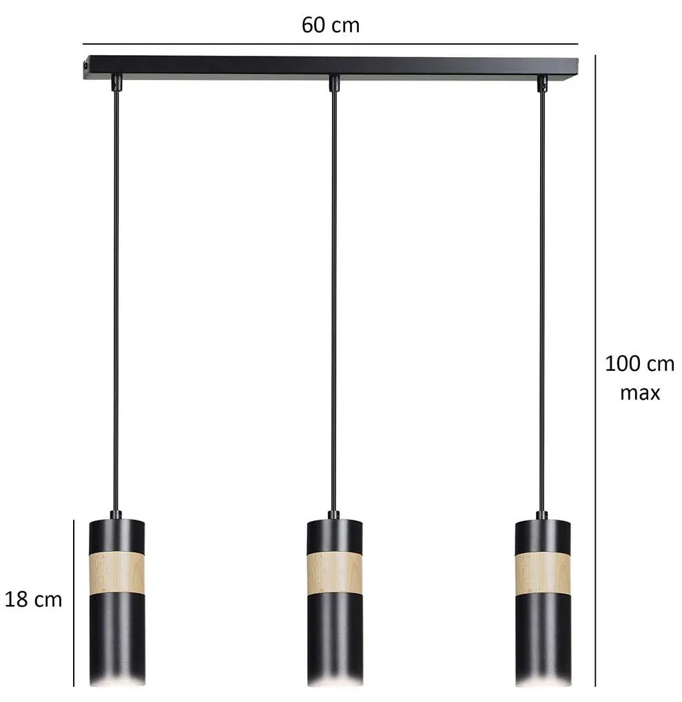 Lampadario 3 Luci Change In Acciaio Nero A Cilindro Con Legno Naturale