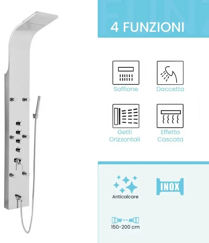 Pannello doccia multifunzione cromato lucido in acciaio inox con 4 getti