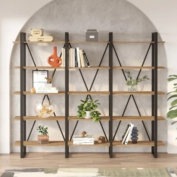 Libreria A Parete Stile Industrial 220x34x180 Cm 5 Ripiani Milano Rovere