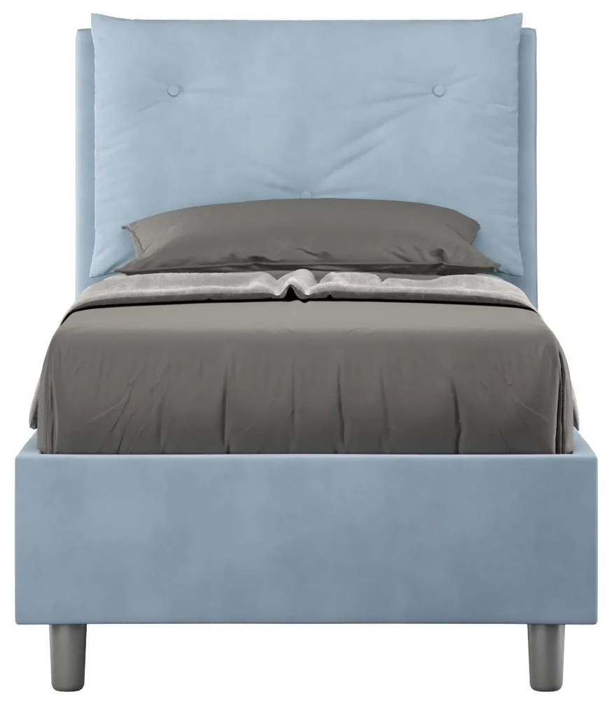 Letto singolo imbottito 80x210 microfibra Appia senza rete, con rete e contenitore, Azzurro / Con Rete