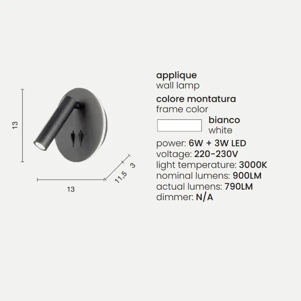 Applique SELLA rotonda in metallo Bianco 13 cm retroilluminata con spot LED orientabile