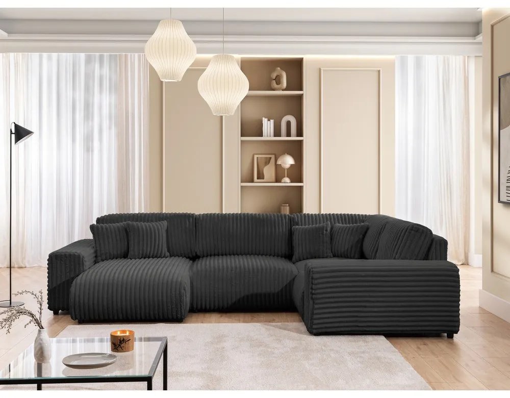 Divano angolare grigio scuro (con penisola a destra/a U) rivestito in velluto a coste Justin – Ropez