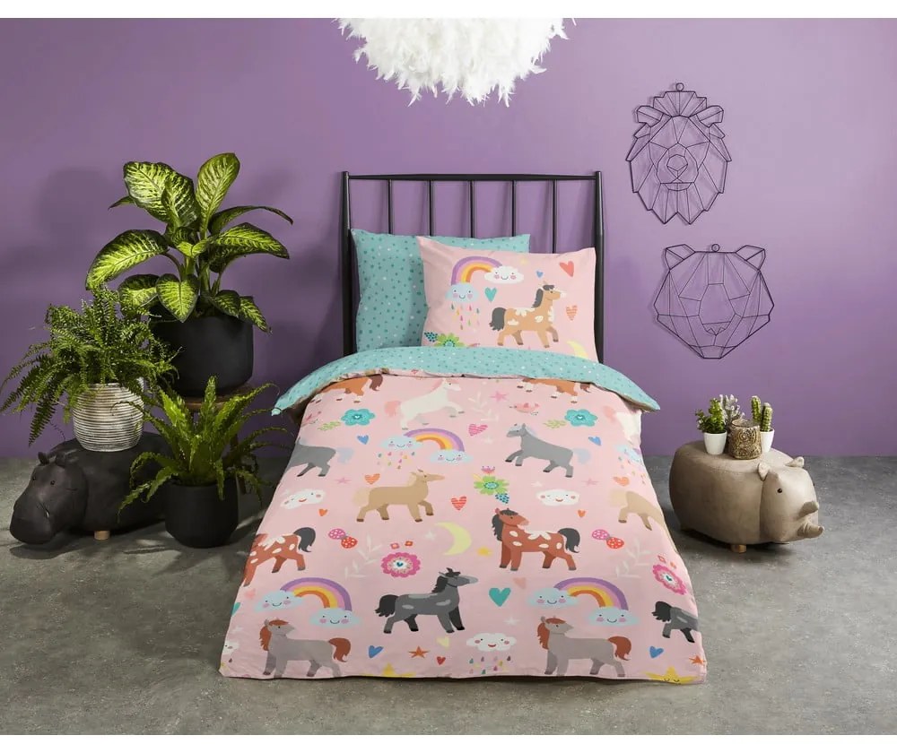 Set copripiumino e federa da bambini rosa/turchese in cotone per letto singolo ed esteso 140x220 cm Horses – Good Morning