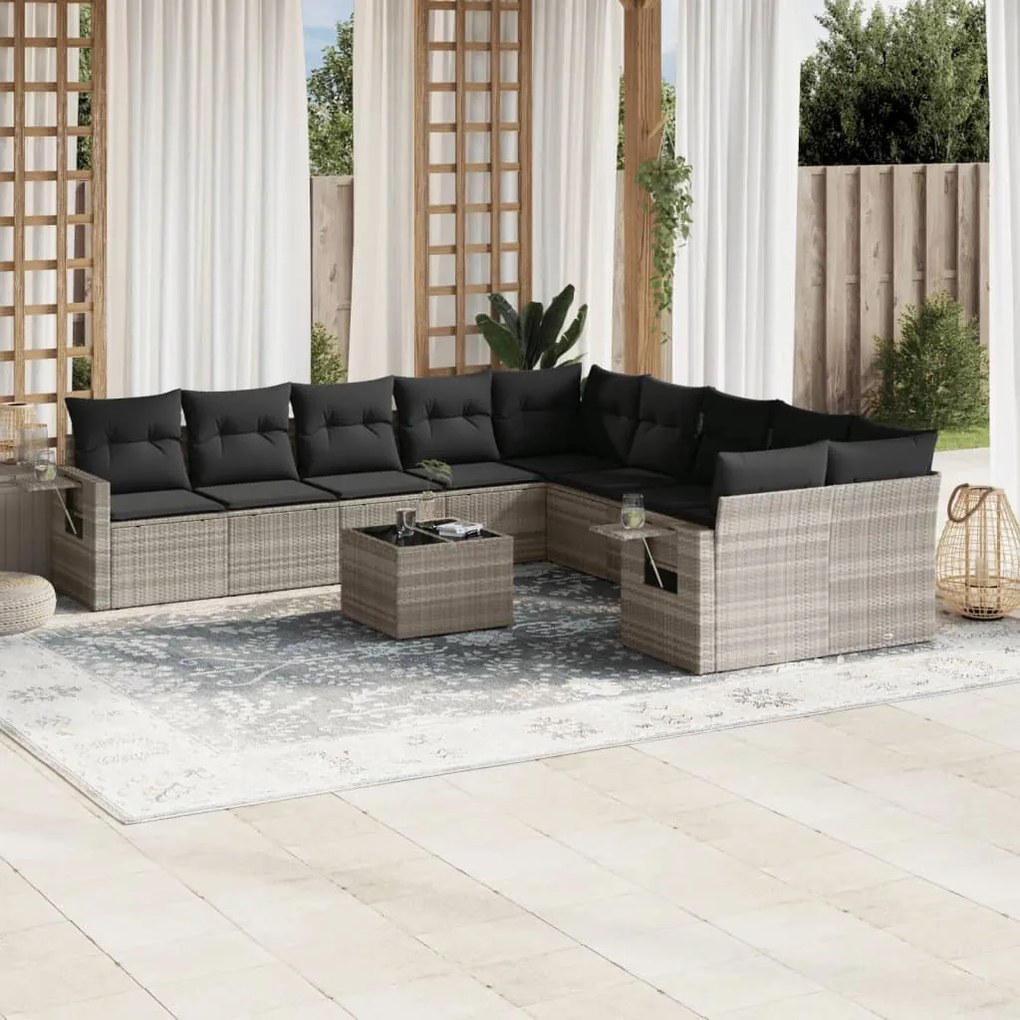 Set divani da giardino 11 pz con cuscini in polyrattan grigio