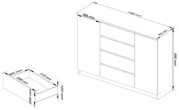 Credenza Soggiorno 2 Ante 4 Cassetti 140x40x100 Artika Bianca