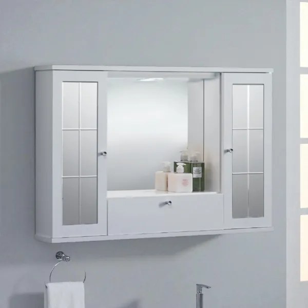 Specchiera mobile contenitore da bagno MERCURIO 90 bianco lucido a 2 ante con specchi e luce LED