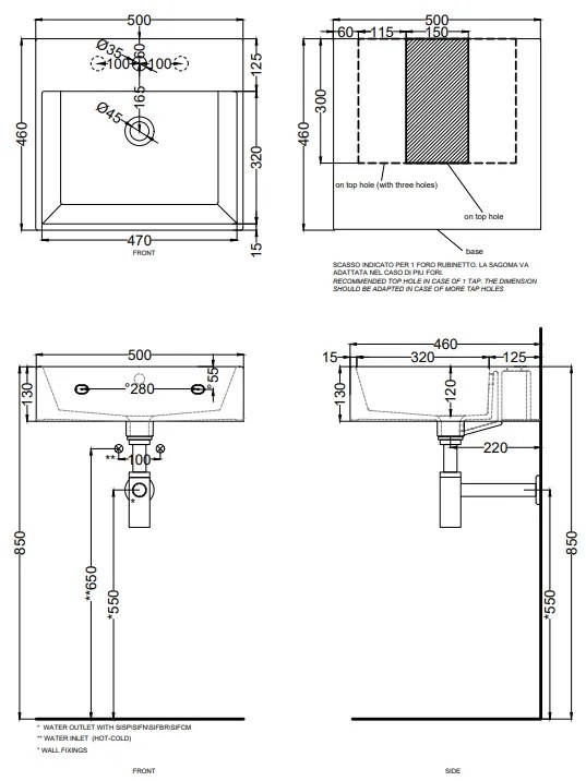 Cielo Smile Lavabo monoforo 50x46 sospeso o da appoggio con troppopieno in ceramica bianco lucido