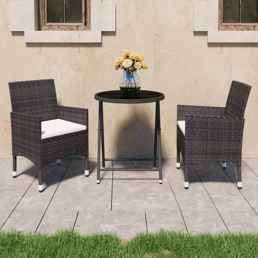 Set Bistrot Giardino 3 Pz Polyrattan E Vetro Temperato Marrone /