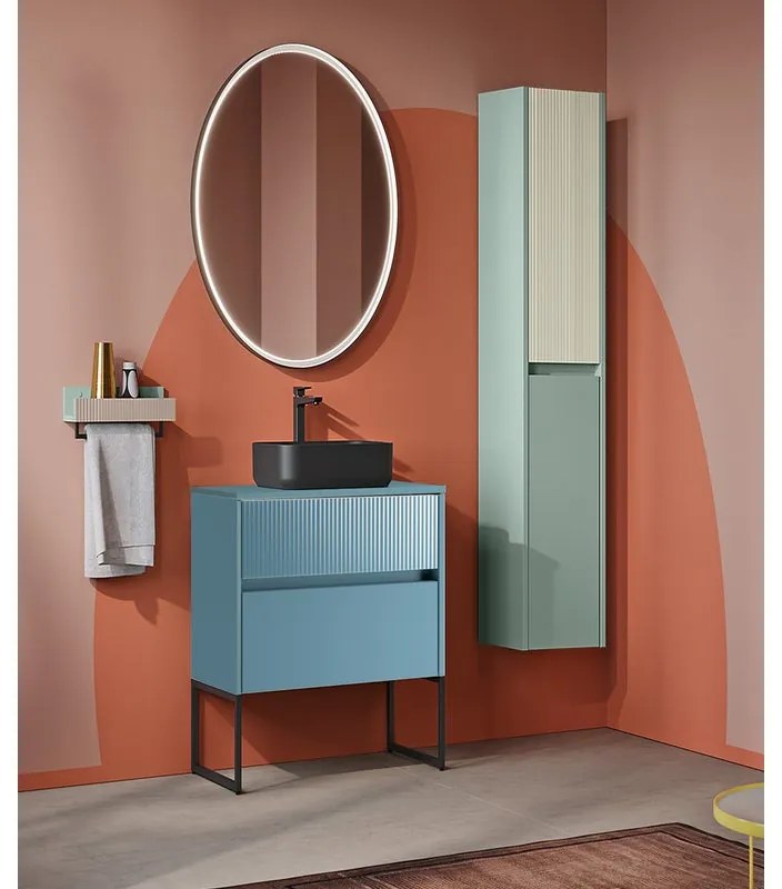 Mobile sottolavabo e lavabo Niwa laccato opaco blu con vetro blu , piedi in nero opaco 1 vasca 2 cassetti