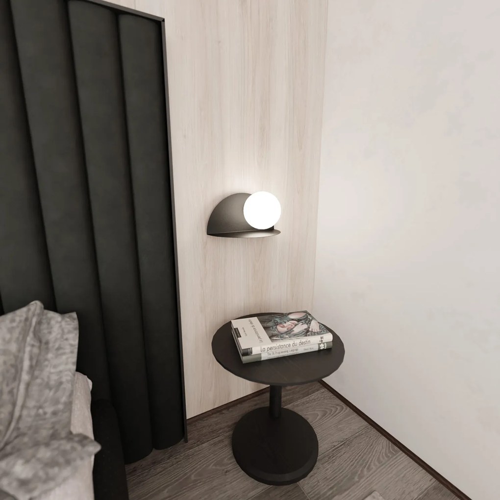 Applique 1 Luce Indiretta Agni Con Base In Acciaio Nero E Vetro Opale