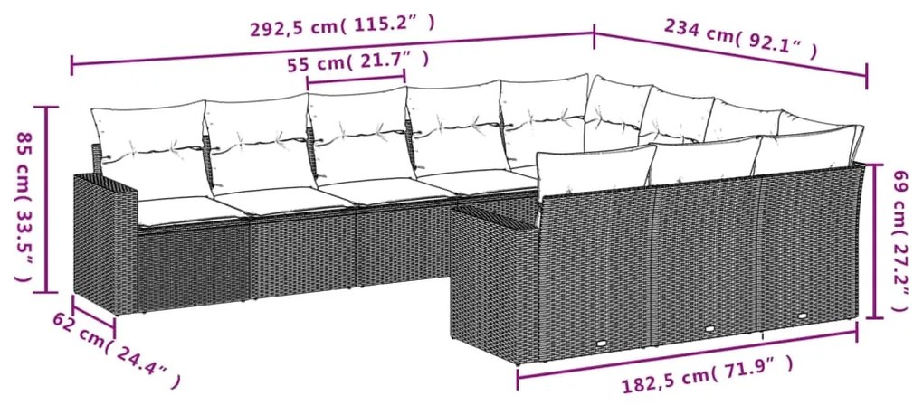 Set divano da giardino 10 pz con cuscini grigio in polyrattan