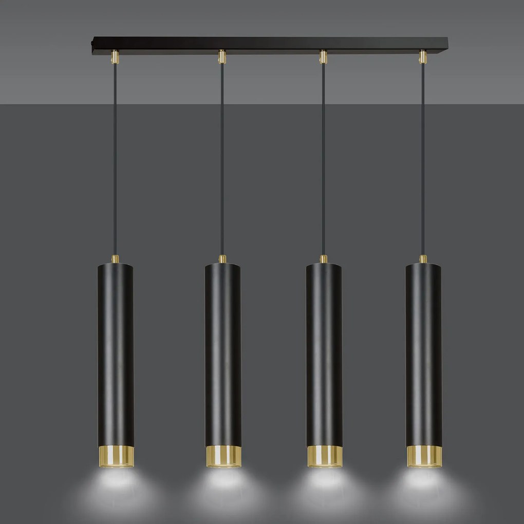 Lampadario 4 Luci Brunilde In Acciaio Nero E Tubolari In Nero E Oro