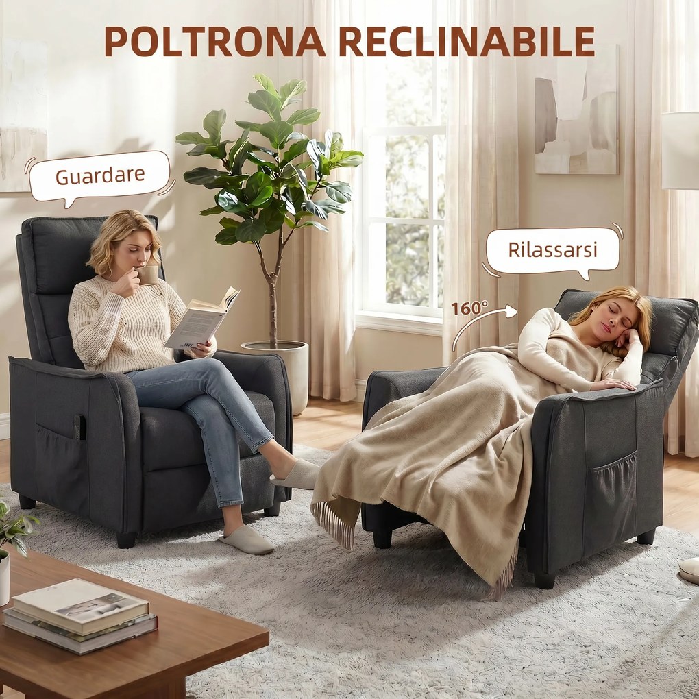 Poltrona Massaggiante 69x93x104 cm Reclinabile a 160° con Poggiapiedi e Telecomando Effetto Lino Grigio Scuro...