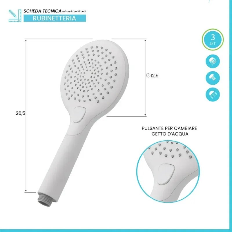 Doccetta tonda 26,5 cm in ABS bianca con 3 getti Hidra