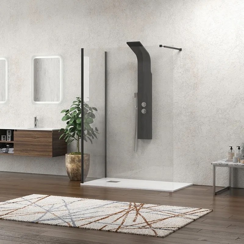 Kamalu - Parete doccia walk in 90x110 angolare profilo nero | KW4000B