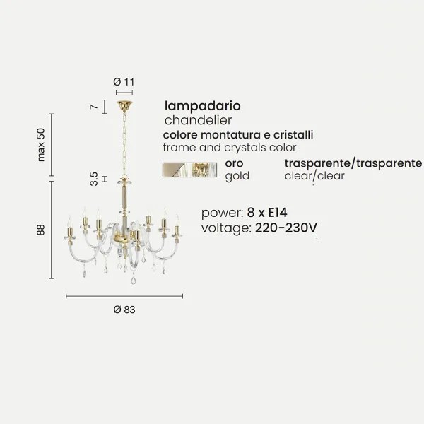 Lampada a sospensione DIDO D83 cm in vetro trasparente lavorato a mano 8 LUCI ORO