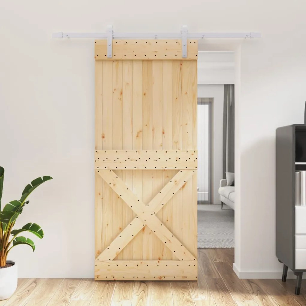 Porta Scorrevole Con Set Hardware 90x210 Cm Legno Massello Pino /
