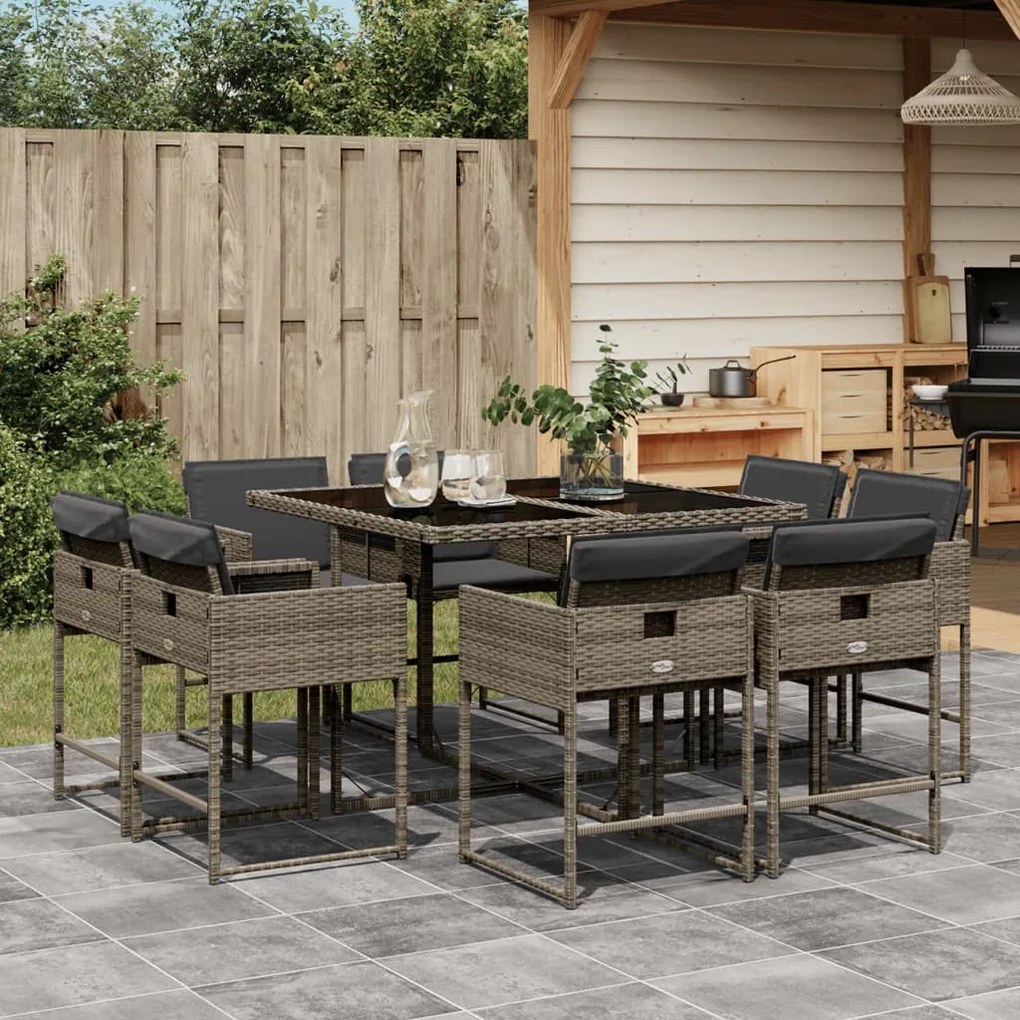 Set da pranzo da giardino 9 pz con cuscini in polyrattan grigio