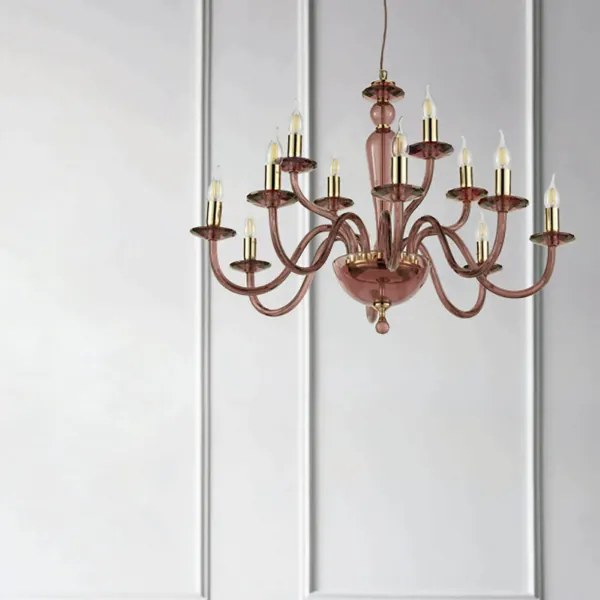 Lampada a sospensione PAGANINI a 12 LUCI in vetro lavorato a mano 140 cm BORGOGNA