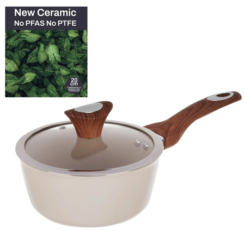 Casseruola un manico 20 cm con coperchio crema New Ceramic