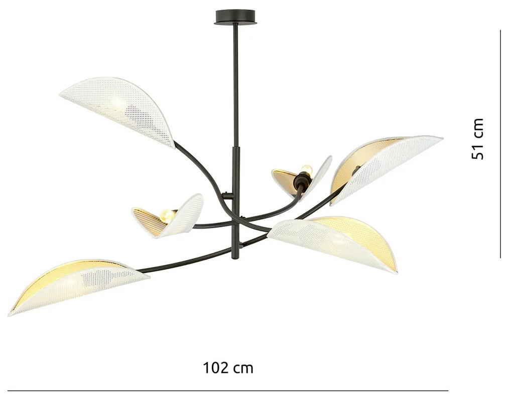 Sospensione Nordica 6 Luci Ares In Acciaio Nero Bianco E Oro Bracci Regolabili