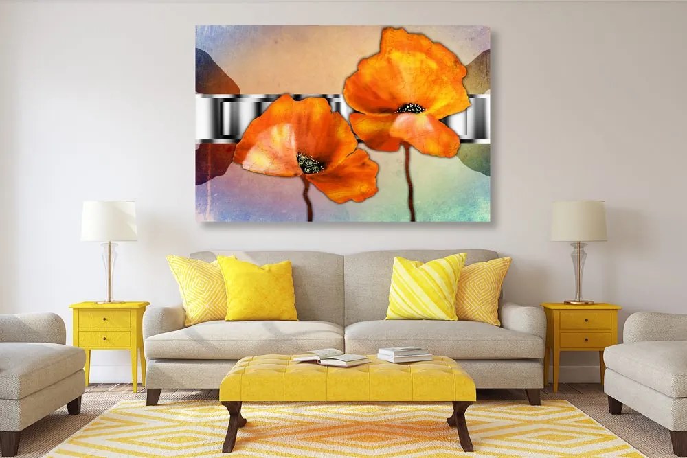 Stampa su tela – Fiori di papavero arancioni in stile orientale