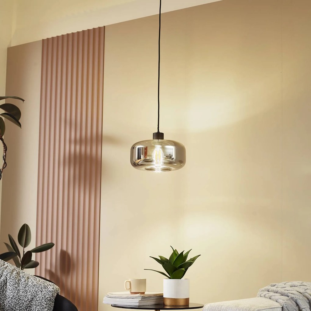 Lindby lampada a sospensione Hildur, 1 luce, Ø 28,5 cm, grigio fumo, vetro