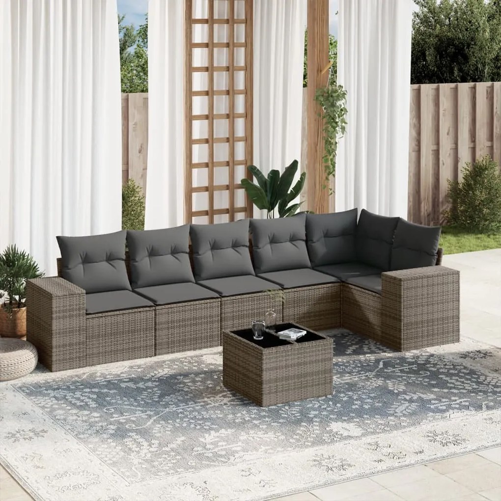 Set Divani da Giardino 7 pz con Cuscini Grigio in Polyrattan