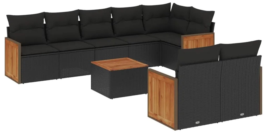 Set divani da giardino 9 pz con cuscini nero in polyrattan