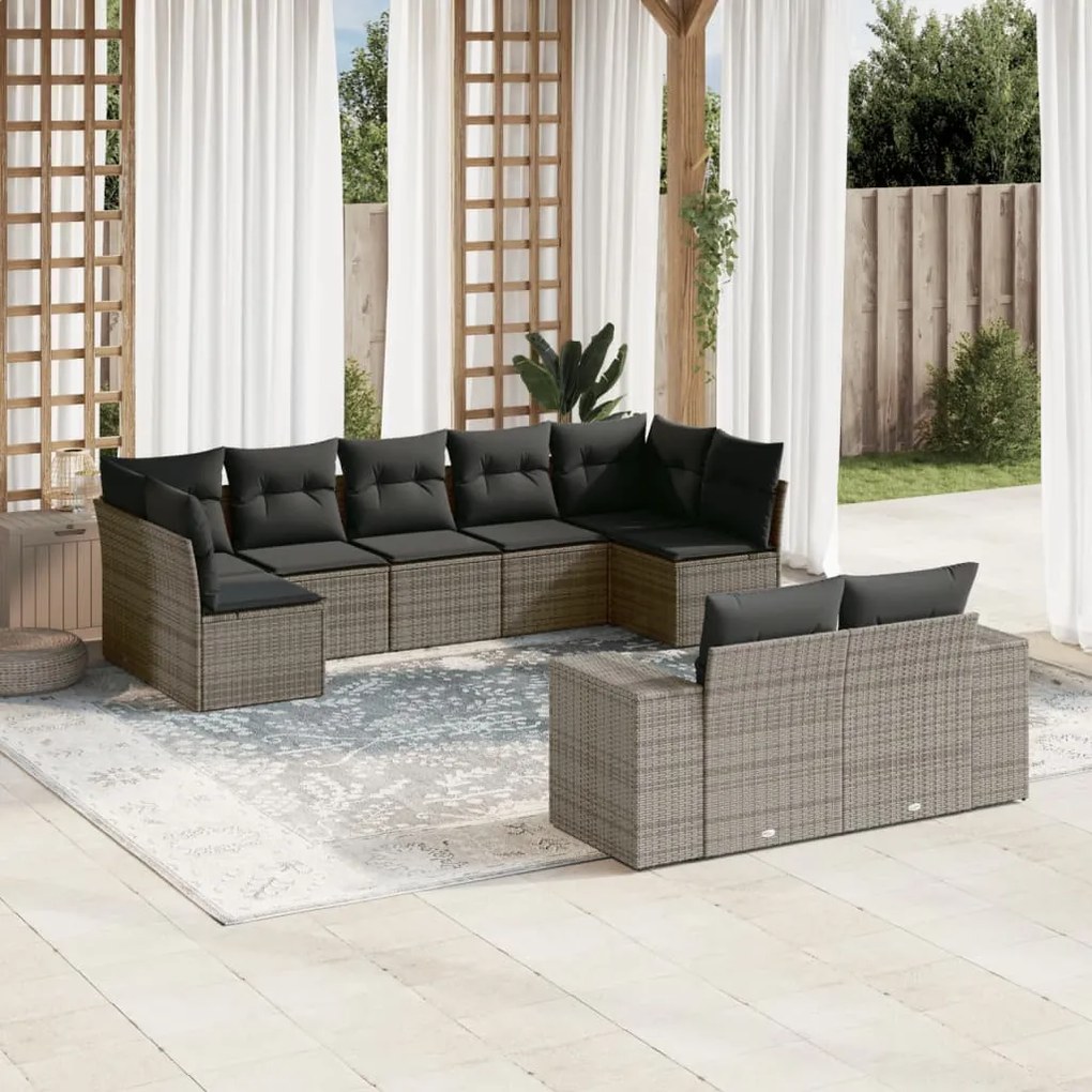 Set divano da giardino 9 pz con cuscini grigio in polyrattan