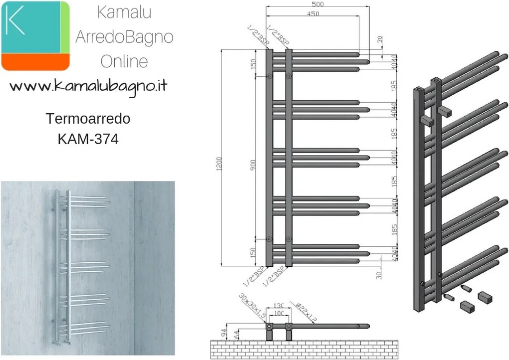 Scalda bagno Termoarredo 500x1200mm modello Kam-374 - KAMALU
