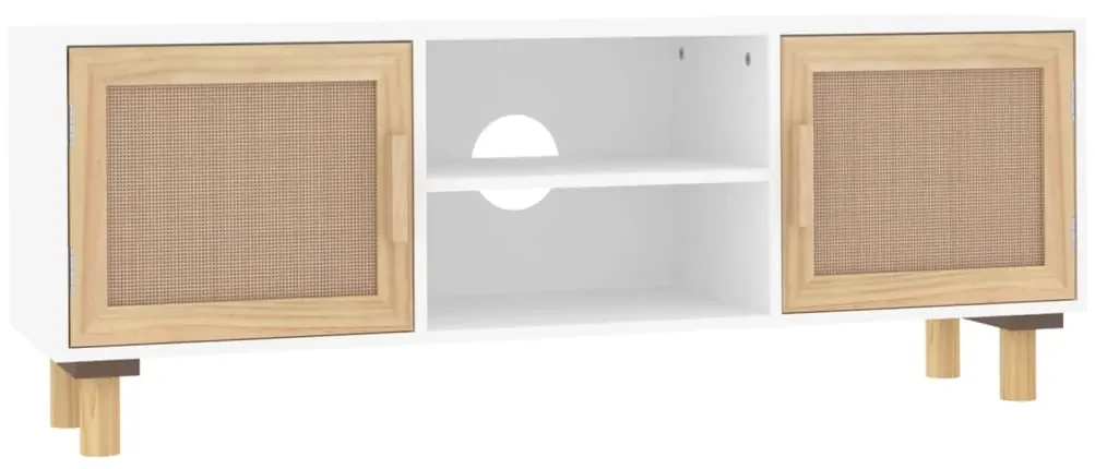 Mobile tv bianco 105x30x40 cm massello pino e rattan naturale