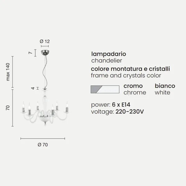 Lampada a sospensione PAGANINI a 6 LUCI in vetro lavorato a mano D70 cm BIANCO