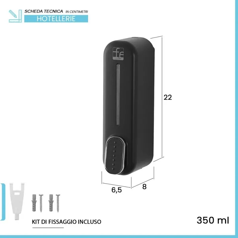 Dispenser sapone liquido a muro nero da 350 ml con fissaggi inclusi