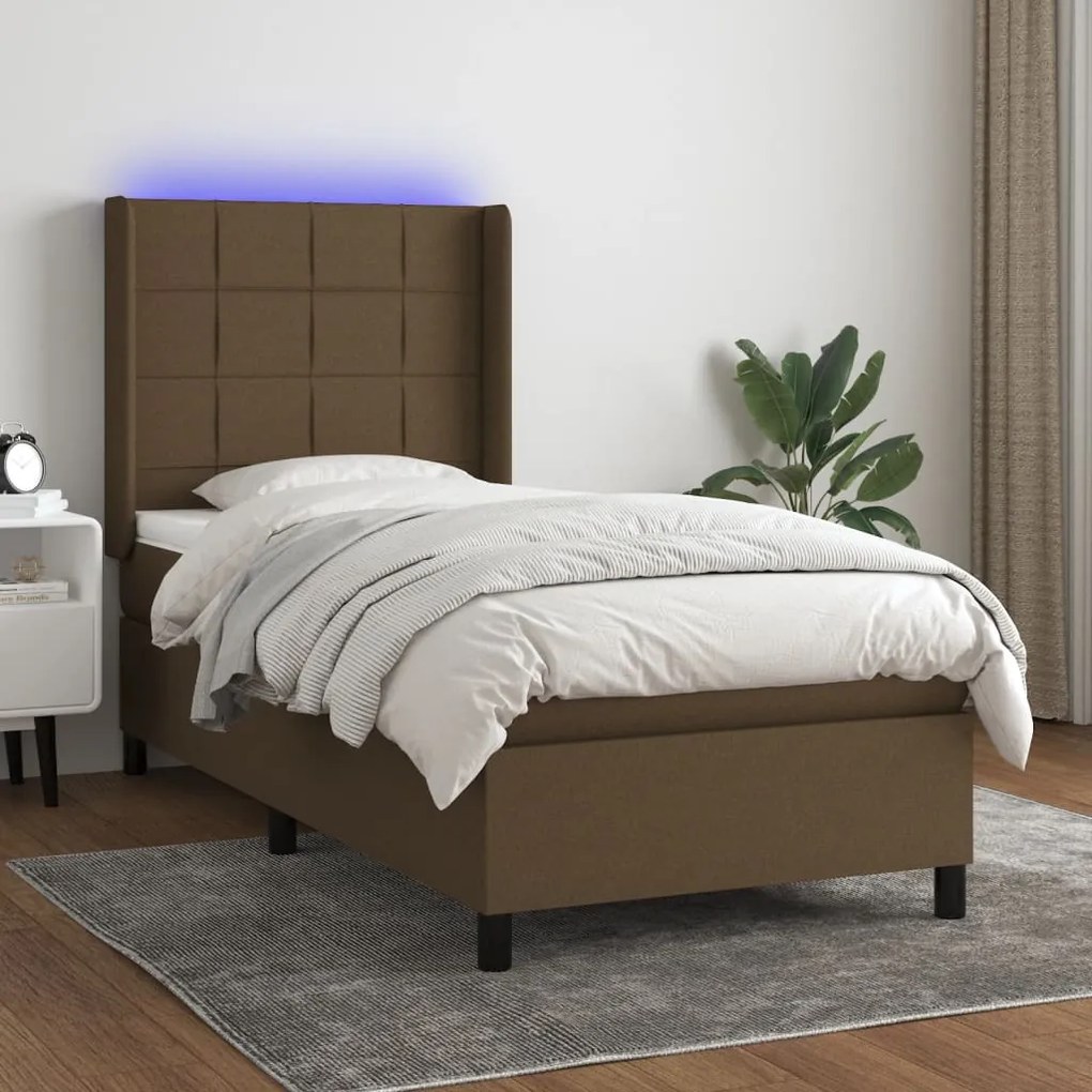 Letto a molle materasso e led marrone scuro 80x200cm in tessuto