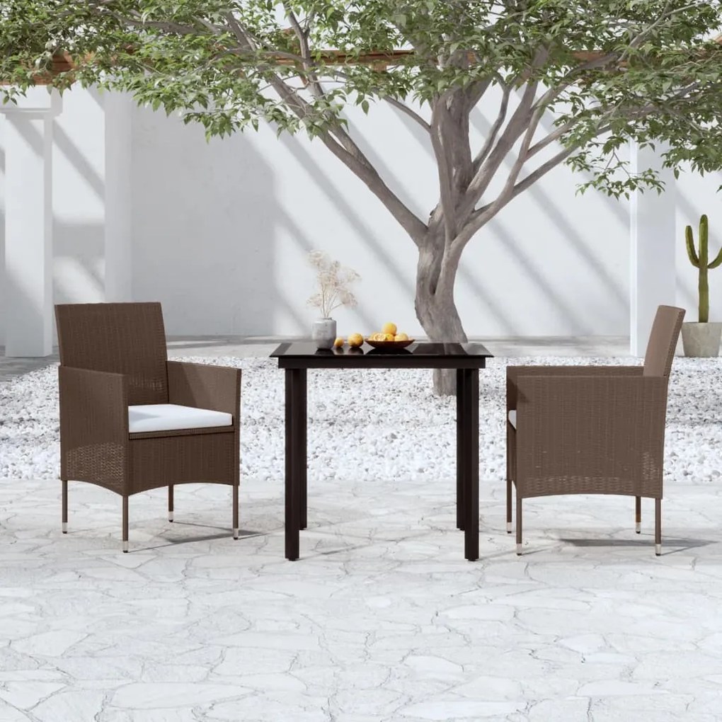 Set da pranzo per giardino 3 pz con cuscini marrone e nero