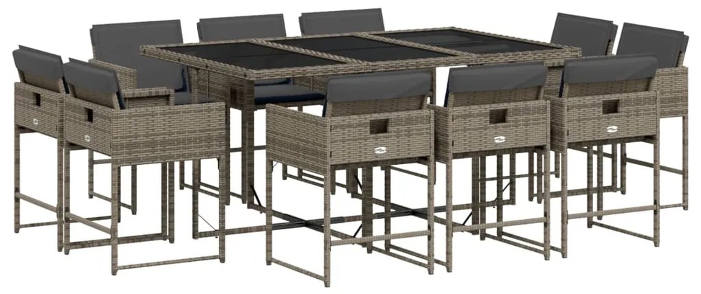 Set da pranzo da giardino 11pz con cuscini in polyrattan grigio