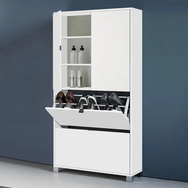 Mobile scarpiera 2 ante e 2 ribalta in legno con ripiani 76x155h cm Bianco Lucido