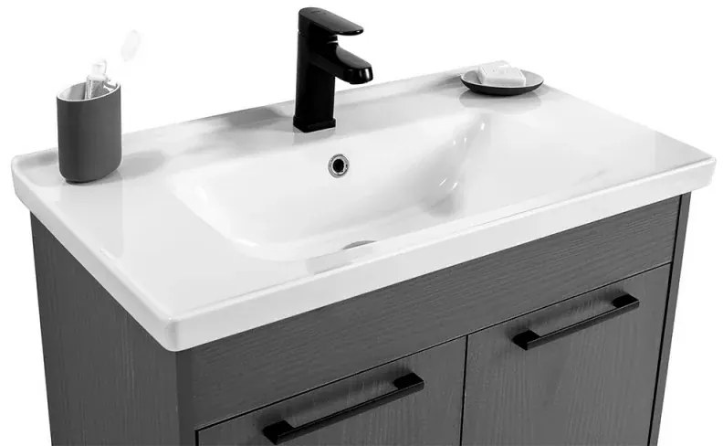 Mobile bagno sospeso 80 cm grigio effetto legno con armadietto a specchio Sofia