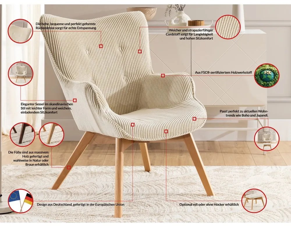 Poltrona con poggiapiedi beige con rivestimento in velluto a coste Niko – Ropez