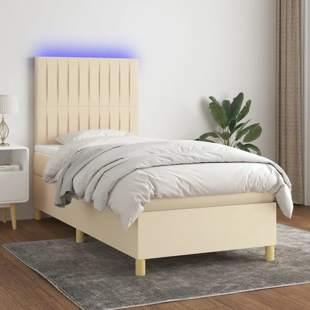 Letto A Molle Con Materasso E Led Crema 90x200 Cm İn Tessuto /