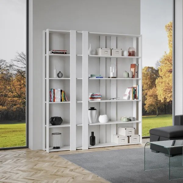 Libreria da parete a 6 ripiani e 8 fasce lunghe KATO E Bianco Frassino