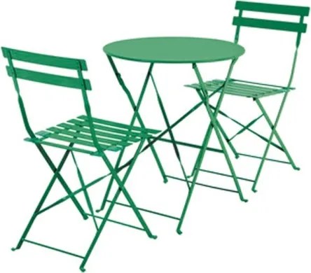 Set Bistrot Tavolo Tondo 60 Cm Con 2 Sedie Pieghevoli In Acciaio Verde