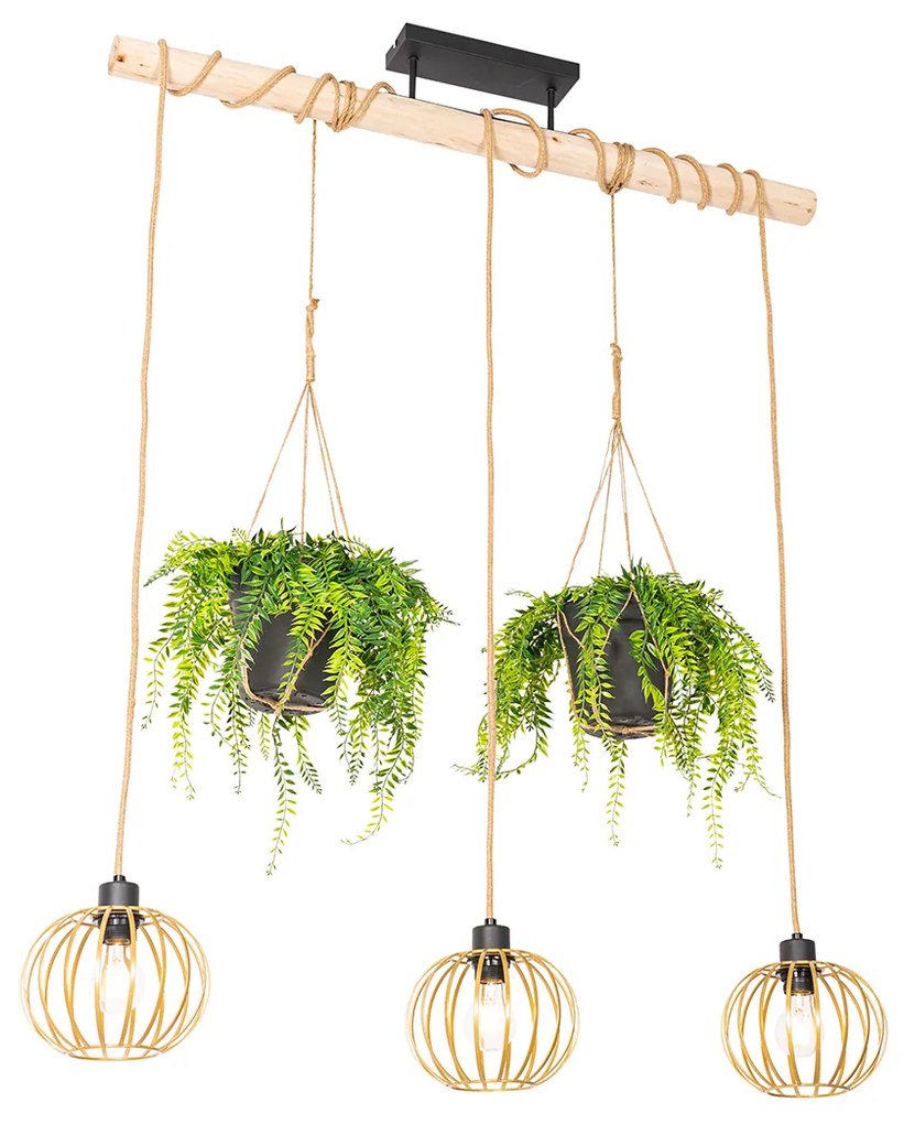 Lampada a sospensione rustica oro con legno 3 luci - Yura