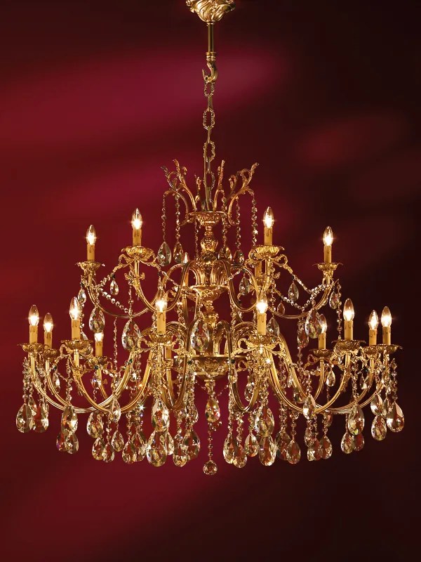 Lampadario 18 luci fusione di ottone e cristallo - 12.631/18 - Gold Light and Crystal Oro anticato 24 kt