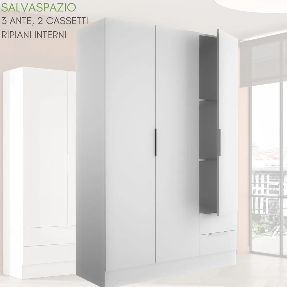 Armadio Guardaroba 3 Ante 2 Cassetti Mobile Multiuso Salvaspazio in Legno 119x46x184 cm – Bianco