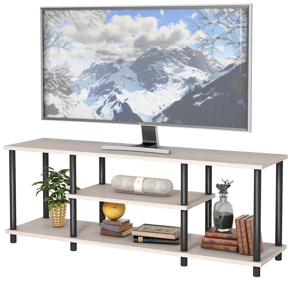 Costway Supporto TV a 3 livelli, Tavolo console multimediale con struttura in PVC massiccio ripiani in legno Grigio