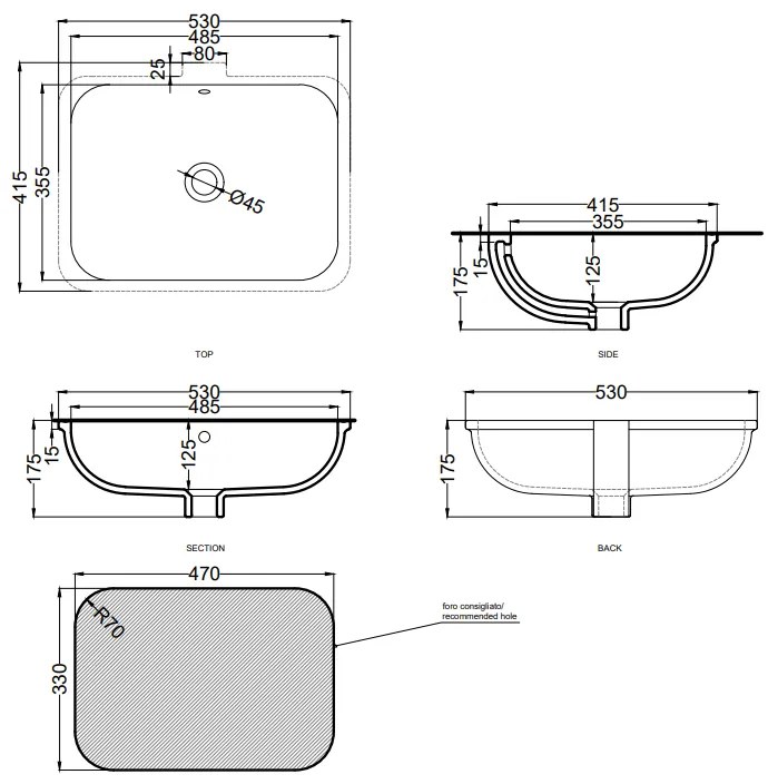 Cielo Enjoy Lavabo 41x53 Sottopiano Rettangolare Senza Foro Con Troppopieno Bianco Lucido