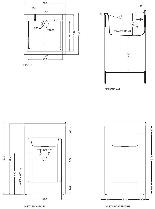 Colavene Lavacril mobile lavatoio 50x50 con serrandina a scomparsa laterale in abs metacrilato bianco