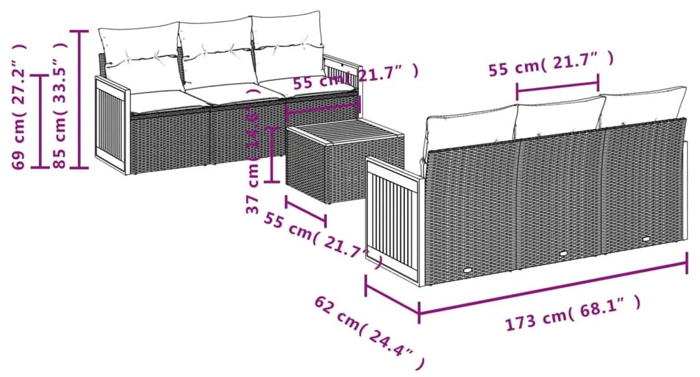 Set divani da giardino 7 pz con cuscini beige in polyrattan